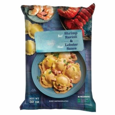 Shrimp Ravioli With Lobster Sauce , Serve on either side - no flat side.Fork-marks on edge for handmade look.Whole egg yolk pasta . No preservatives.4 minute cook time. 2-count [ 16 oz , 1 lb ]