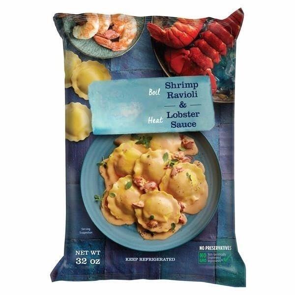 Shrimp Ravioli With Lobster Sauce , Serve on either side - no flat side.Fork-marks on edge for handmade look.Whole egg yolk pasta . No preservatives.4 minute cook time. 2-count [ 16 oz , 1 lb ]