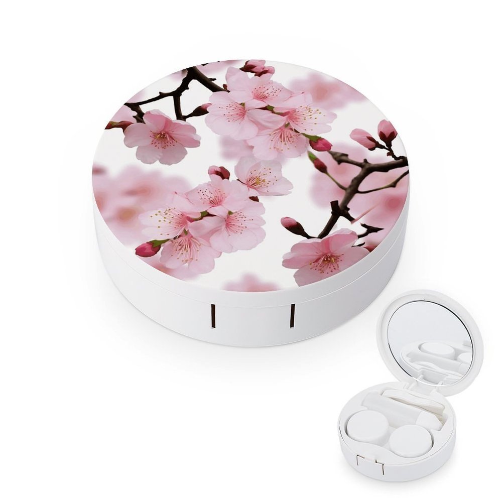 BTCOWZRV Cherry Japanese Cherry Blossom Contact Lens Case with Mirror, Portable Contact Lens Box with Solution Bottle, Glasses Travel Holder with Tweezers, Contact Case Storage for Women Men