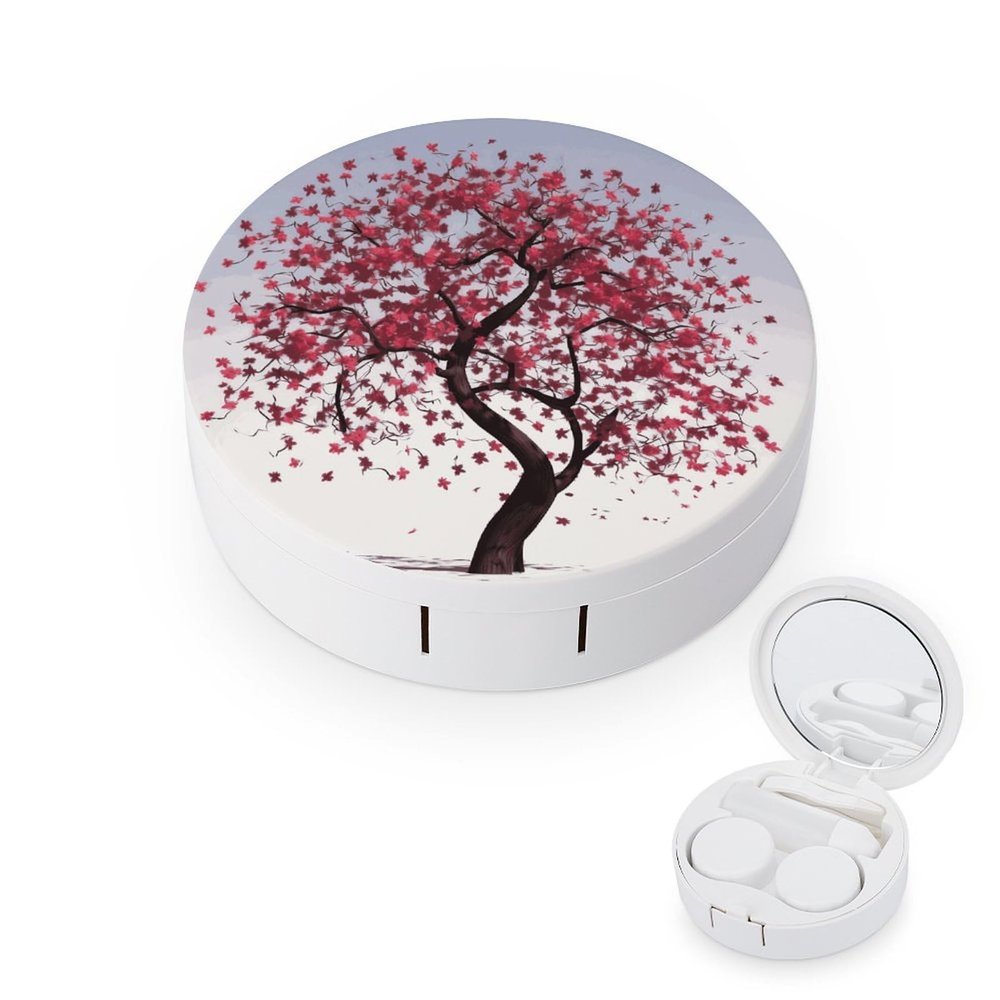 BTCOWZRV Japanese Cherry Tree Contact Lens Case with Mirror, Portable Contact Lens Box with Solution Bottle, Glasses Travel Holder with Tweezers, Contact Case Storage for Women Men
