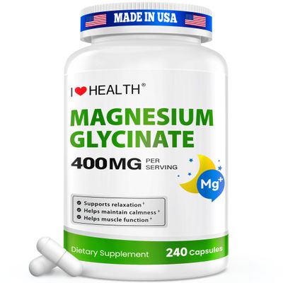 Magnesium Glycinate 400mg per Capsule 240 Capsules High Absorption Magnesium Supplement for Relaxation, Calmness & Muscle Support Gentle on Stomach - for Men and Women Made in USA