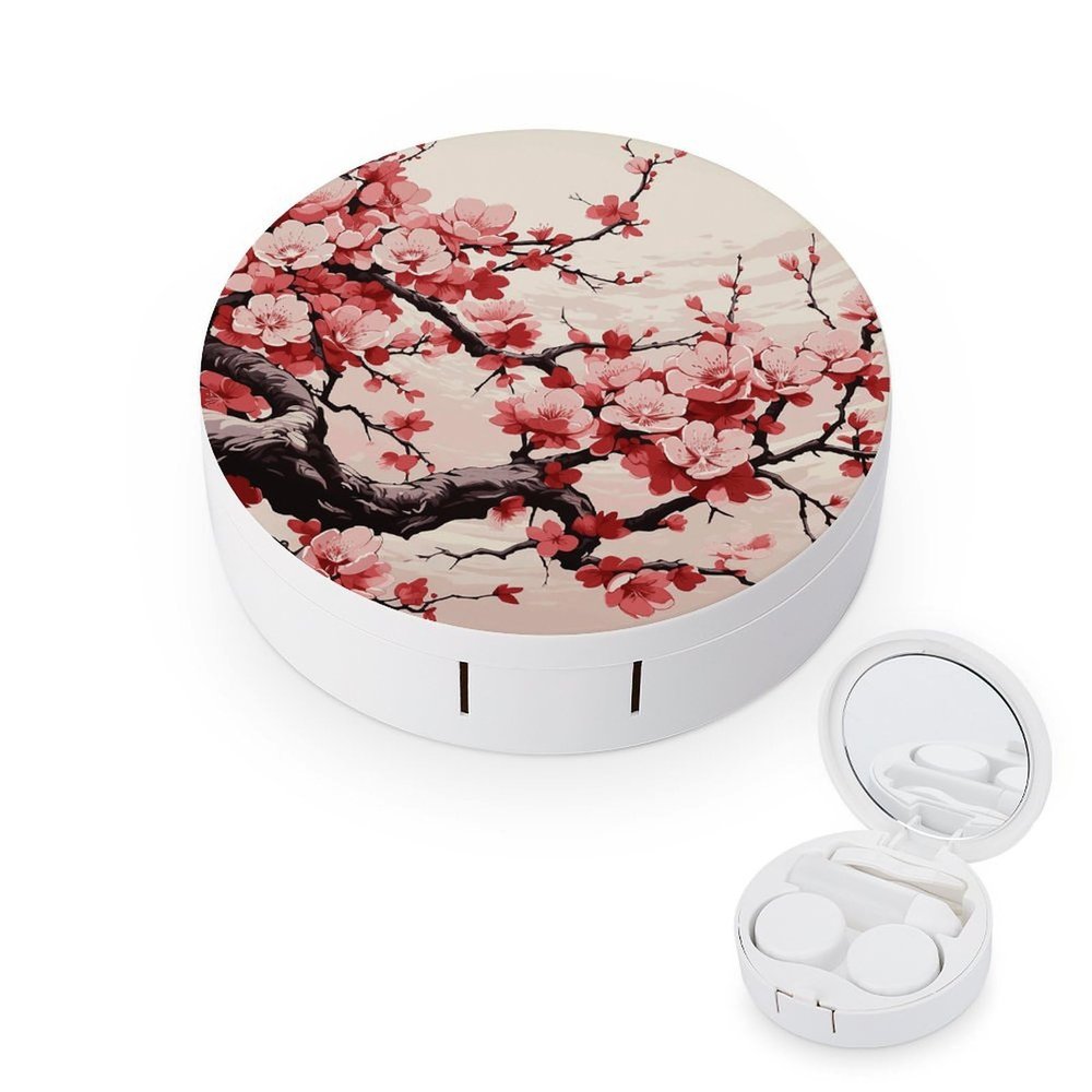 BTCOWZRV Japanese Floral Cherry Blossom Contact Lens Case with Mirror, Portable Contact Lens Box with Solution Bottle, Glasses Travel Holder with Tweezers, Contact Case Storage for Women Men