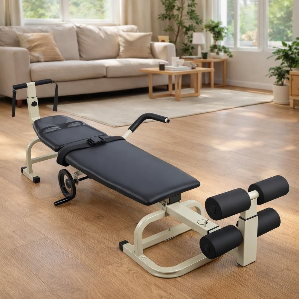 Adjustable Full Body Traction Table, Massage Cervical Traction Bed Table, Lumbar Traction Device with High Pillow Cushion & Ergonomic Handwheel, Portable Neck Stretcher Cervical Traction Device