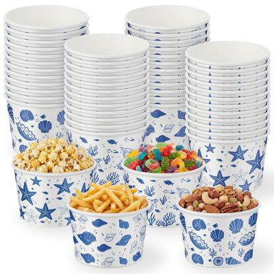 Romooa 48 Pcs 9oz Summer Ocean Theme Paper Bowls Treat Snack Cups Summer Ice Cream Dessert Bowl Treat Snack Cup for Hot or Cold Food Conch, Turtle, and Seashell Patterns Party Favor Supplies