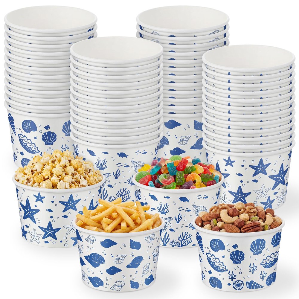 Romooa 48 Pcs 9oz Summer Ocean Theme Paper Bowls Treat Snack Cups Summer Ice Cream Dessert Bowl Treat Snack Cup for Hot or Cold Food Conch, Turtle, and Seashell Patterns Party Favor Supplies