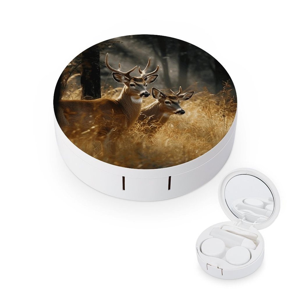 BTCOWZRV Nature Wild Animal Deers Contact Lens Case with Mirror, Portable Contact Lens Box with Solution Bottle, Glasses Travel Holder with Tweezers, Contact Case Storage for Women Men
