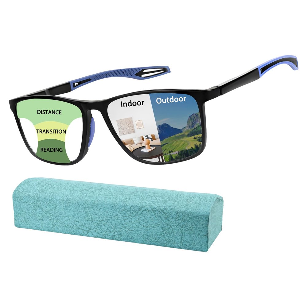 K.LAVER Photochromic Progressive Multifocus Reading Glasses Blue Light Blocking Multifocal Readers Spring Hinge Sunglasses (Blue, 3.5, x)