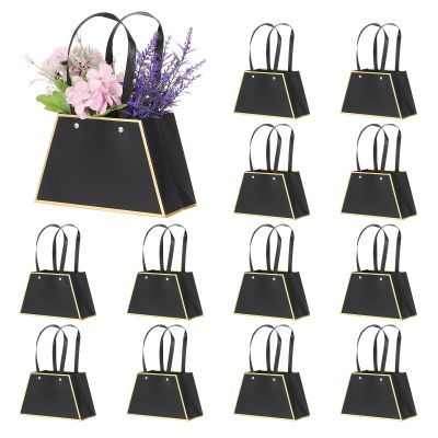 PATIKIL Flower Gift Bags (Black) (12 Pcs) Portable Bouquet Wrapping Bag Paper Bouquet Bag Boxes with Handles for Floral Arrangement/Wedding/Birthday/Party/Christmas