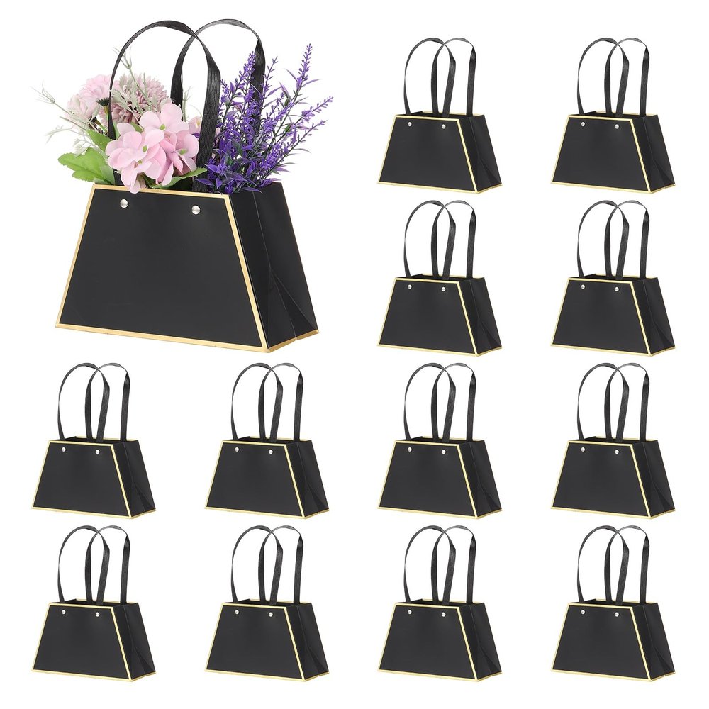 PATIKIL Flower Gift Bags (Black) (12 Pcs) Portable Bouquet Wrapping Bag Paper Bouquet Bag Boxes with Handles for Floral Arrangement/Wedding/Birthday/Party/Christmas