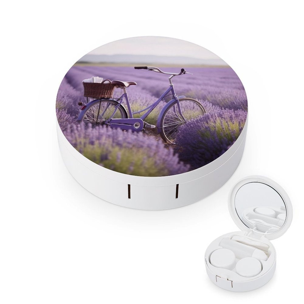 BTCOWZRV Lavender Field Bike Contact Lens Case with Mirror, Portable Contact Lens Box with Solution Bottle, Glasses Travel Holder with Tweezers, Contact Case Storage for Women Men