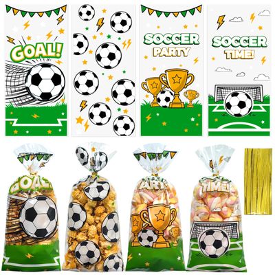 100PCS Soccer Cellophane Treat Bags - Clear Plastic Goodie Bags with 110 Gold Twist Ties - Soccer Party Favor Bags for Candy, Snacks, Game Day, Sports Events, Football Theme Parties & School Activities