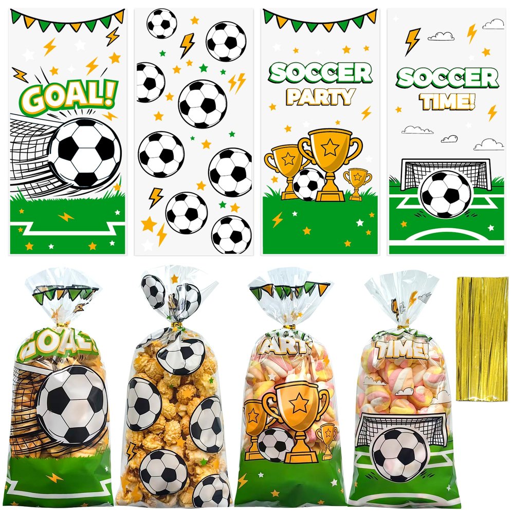 100PCS Soccer Cellophane Treat Bags - Clear Plastic Goodie Bags with 110 Gold Twist Ties - Soccer Party Favor Bags for Candy, Snacks, Game Day, Sports Events, Football Theme Parties & School Activities