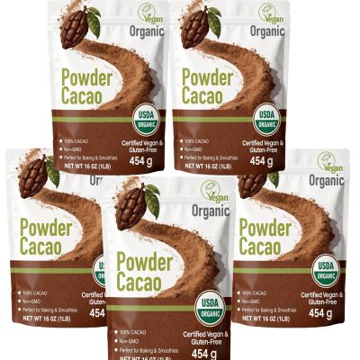 452g/5pack, (5 Lbs - 80 Oz), Ultra-Fine Organic Cacao Powder Gourmet Baking Grade, Non-Alkalized Pure Cocoa for Brownies & Cookies, Dairy-Free, Vegan Certified, Resealable Bag