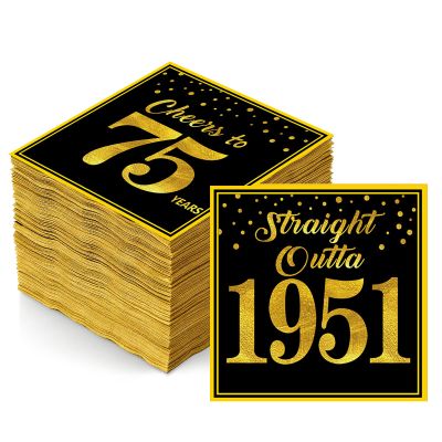 1951 75th Birthday Napkins, Black Gold 75th Birthday Decorations for Men Woman Cheers to 75 Years Straight Outta 1951 Anniversary Party Cocktail Napkins Disposable 50PCS, 6.5x6.5 Inches