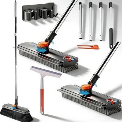 2026 Upgraded 3-in-1 Heavy Duty Floor Scrub Brush, Floor Scrub Brush with Long Handle, 3 in 1 Adjustable Scrub Brush Bathtub with Squeegee for Cleaning Bathroom/Patio (Black*2)