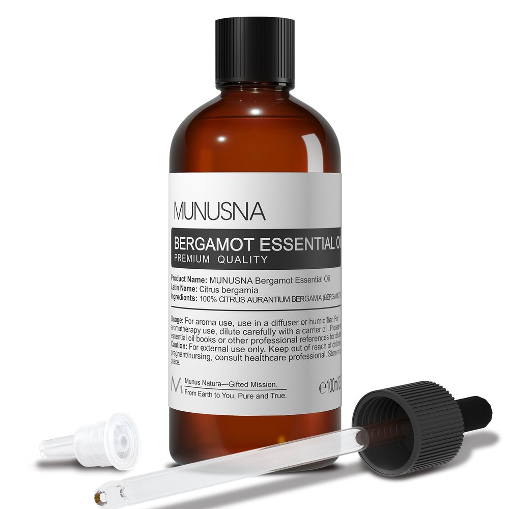 MUNUSNA Bergamot Essential Oil 100ML, 100% Pure Natural Bergamot Oil Premium Grade Aromatherapy Oil for Hair Face Skin Body Care, Diffuser, Massage, Home, Soap and Candle Making