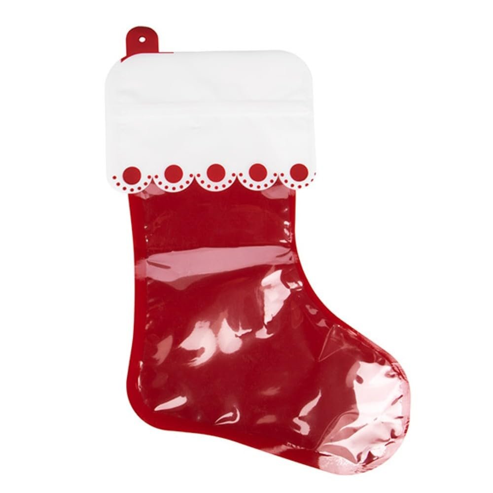 ClearBags Stocking Shaped Clear Zipper Pouch with Pre-Printed Red Trim and Hanging Hole Food Safe Stand Up Holiday Packaging Bag for Candy Treats and Gifts 10 x 16 SP8SZ