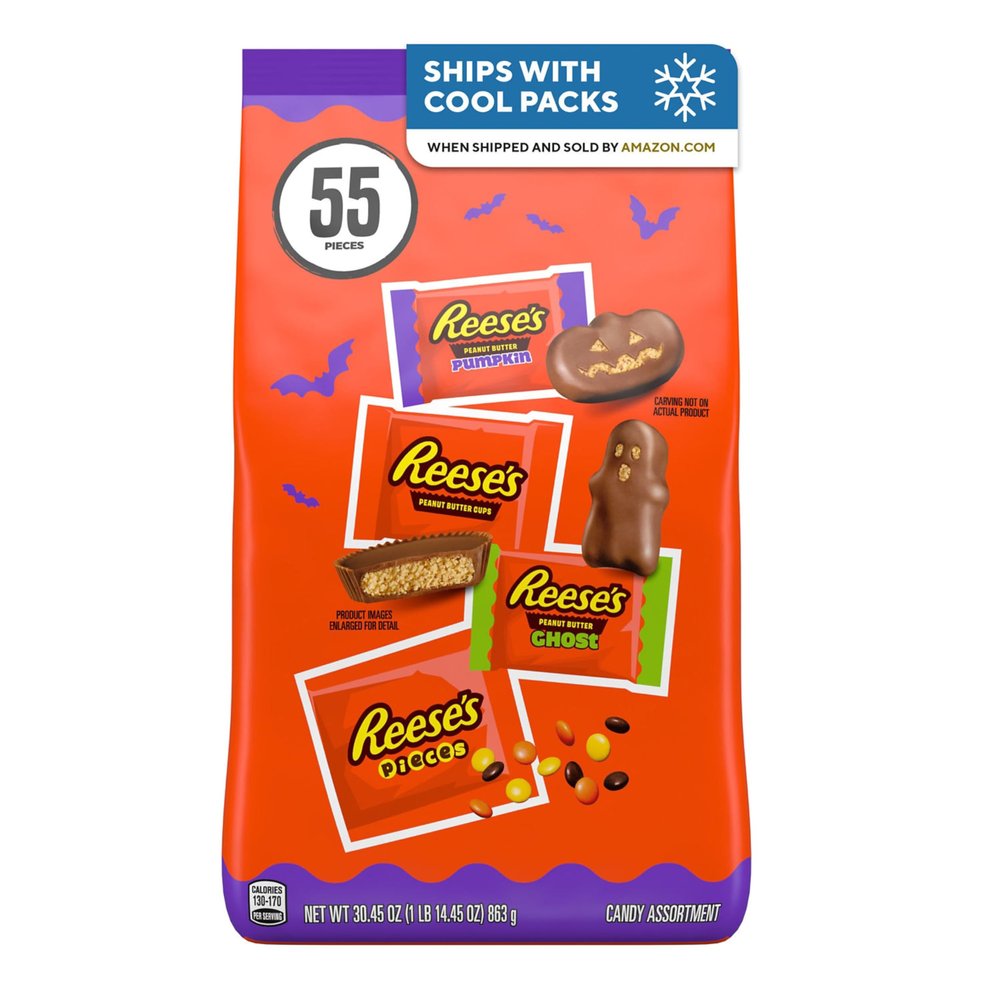REESE'S Assorted Peanut Butter, Halloween Candy Bag, 30.45 oz (55 Pieces)