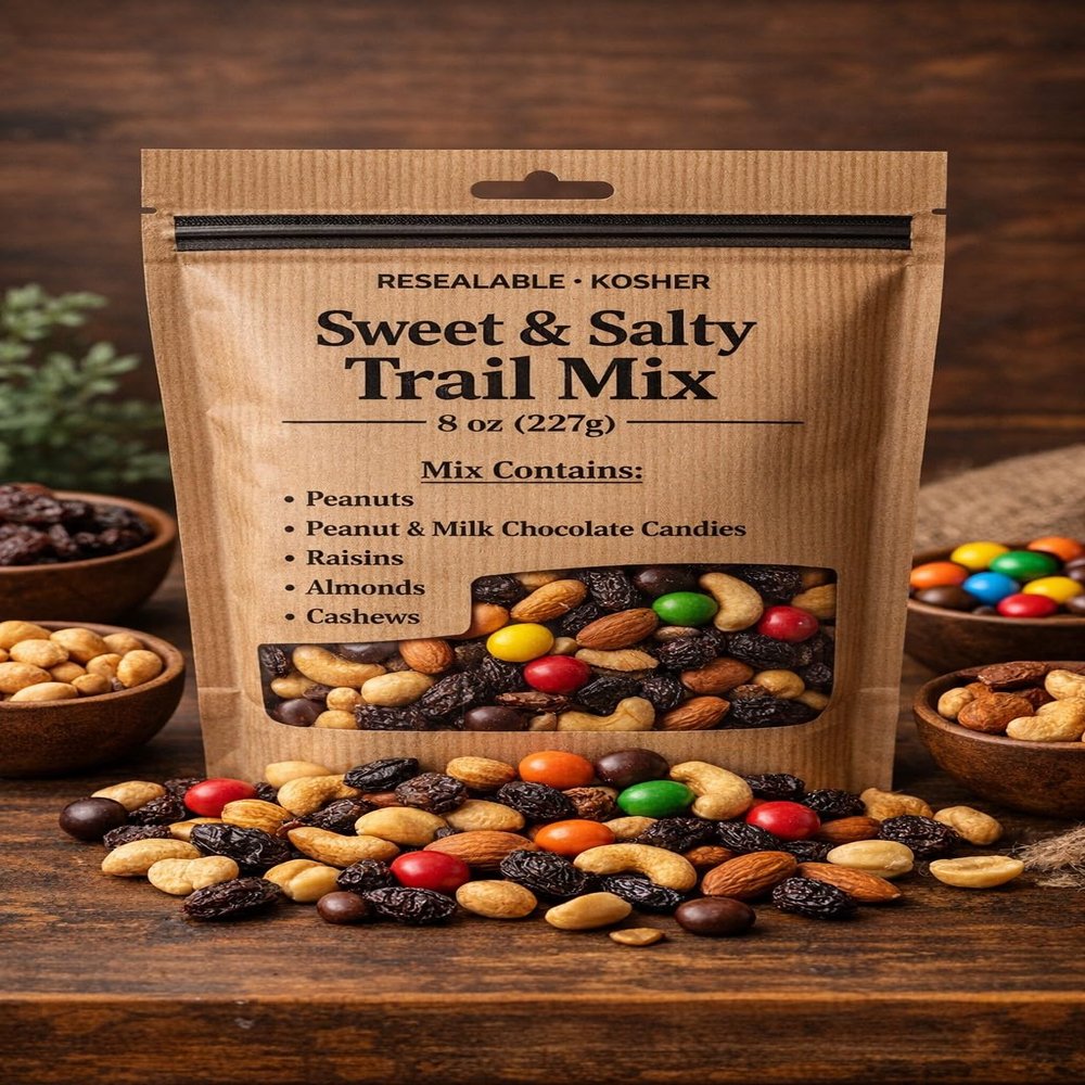 Sweet & Salty Trail Mix, 8 oz Gourmet Nut & Chocolate Snack Mix with Peanuts, Almonds, Cashews, Raisins & Candy-Coated Chocolates Premium Fresh Snack Blend, Perfect for Hiking, Gifts & Everyday Snacking