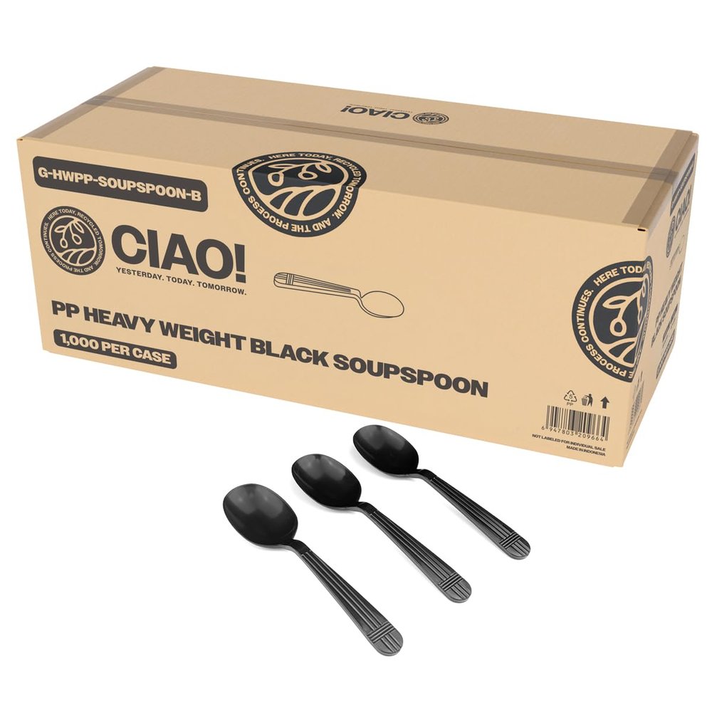 CIAO! Heavy Duty Black Polypropylene Disposable Soup Spoons, Foodservice Bulk Pack 1,000 Count