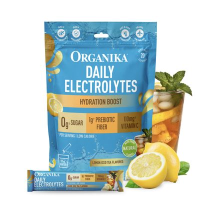 Organika Electrolyte Drink Mix Hydration Powder with Prebiotic Fiber & Vitamin C, 0g Sugar, Lemon Iced Tea Flavor, 20 Single-Serve sachets