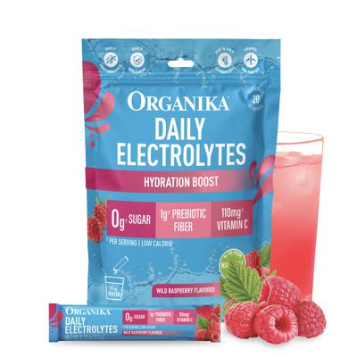 Organika Electrolyte Drink Mix Hydration Powder with Prebiotic Fiber & Vitamin C, 0g Sugar, Wild Raspberry Flavor, 20 Single-Serve sachets.