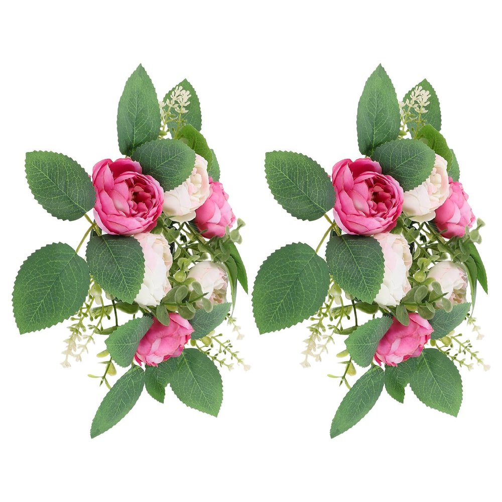 HOMOCONO Artificial Peony Garland Wreaths for Table Centerpiece, Spring Floral Candle Rings, Pink Red Faux Peony Flowers, 2pcs Set, Wedding and Festival Decoration