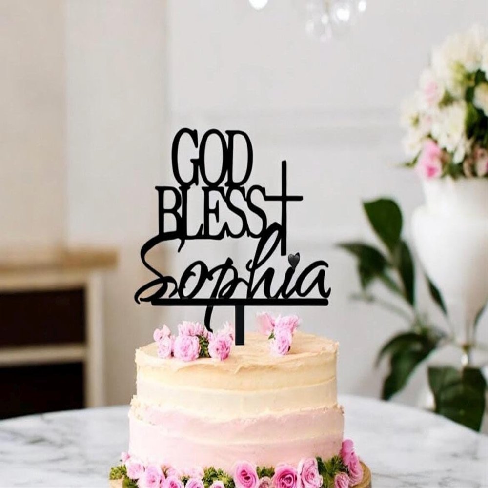 TiTaicor Personalized God Bless Cake Topper, Baptism Toppers, CommunionToppers, Dedication Cake Topper for Birthday Proposal Engagement Wedding Anniversary Bridal Shower Party Supplies.