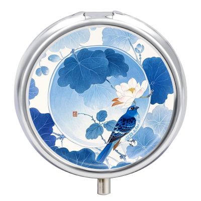 Blue And White Chinese Style Flower And Bird Pills Container with 3 Compartment, Round Medicine Organizer for Travel, Portable Small Pill Case, Pill Box for Purse Pocket, Fish Oil Holder, Pill Carrier