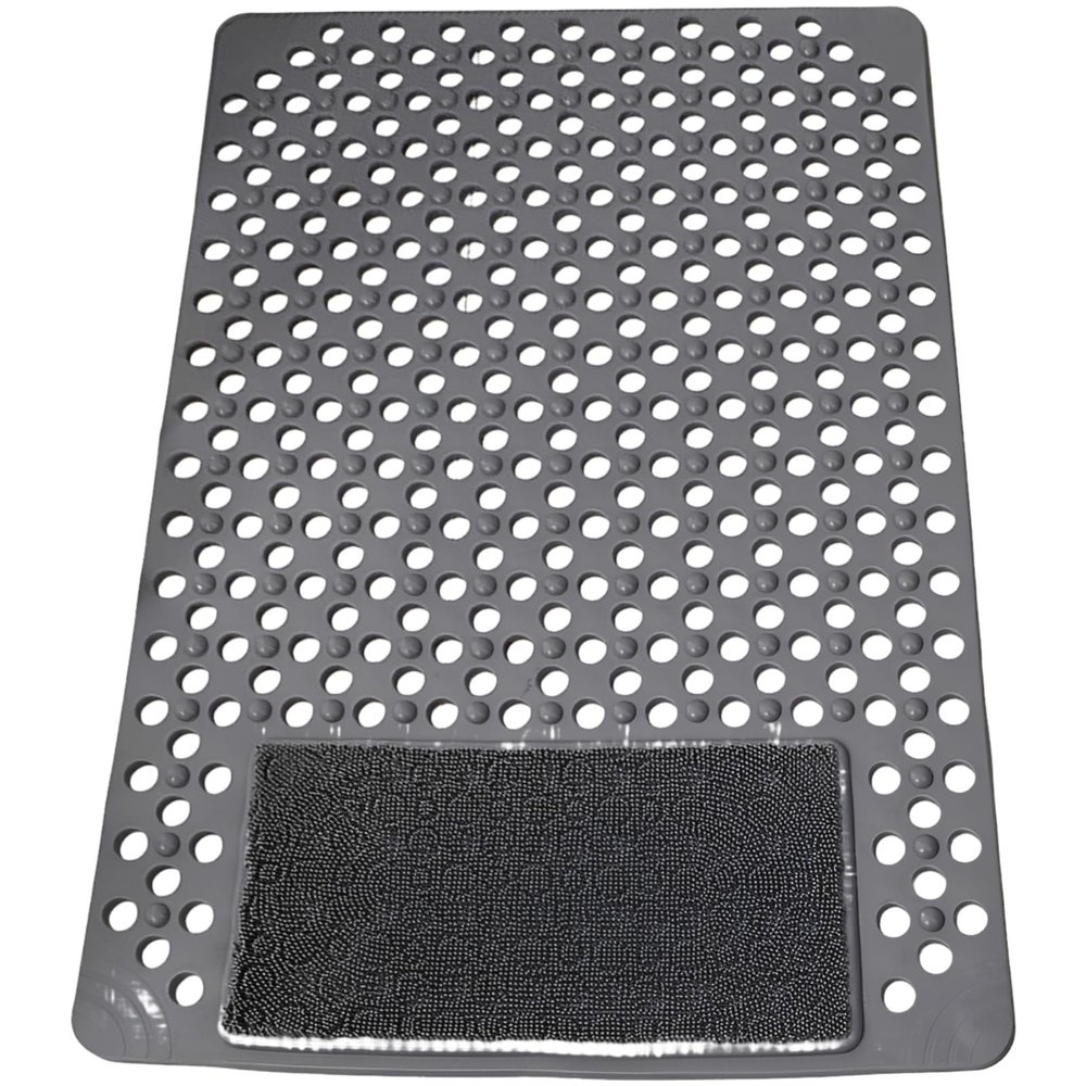 byepica Non-Slip Bath Mat with Foot Scrubber, 35.4 X 23.6 in PVC Shower Mat, 200+ Suction Cups, Fast Drain Hole, Gray