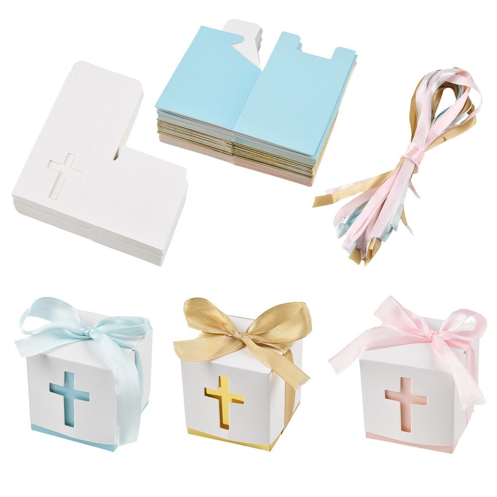Gythara Square Cross Theme Paper Boxes, Crucifix Religious Boxes with Ribbon for DIY Party Favor, Wedding, Present, Jewelry, Birthday Decor-5.9x5.9x6.1cm, 36 pcs 3 Styles