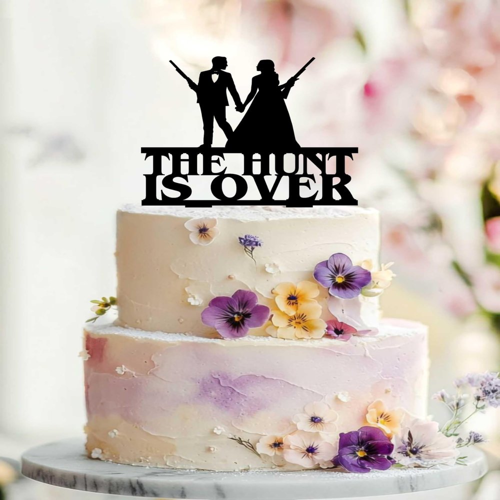 Egeshangb The Hunt is Over Wedding Cake Topper,Hunter Groom 6 Inch Acrylic Wood Material Cake Insert for Multi-purpose Occasion Party Supplies Decorations.