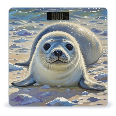 Harp Seal Painting Bathroom Scale for Body Weight Bathroom Weighing Scales with Back Lit LED Display Sturdy Tempered Glass Body Weight Bathroom Scale 400lb Weighing
