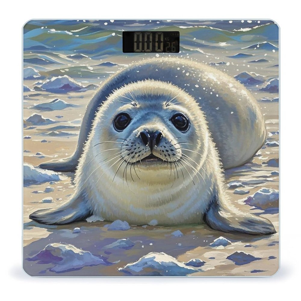 Harp Seal Painting Bathroom Scale for Body Weight Bathroom Weighing Scales with Back Lit LED Display Sturdy Tempered Glass Body Weight Bathroom Scale 400lb Weighing