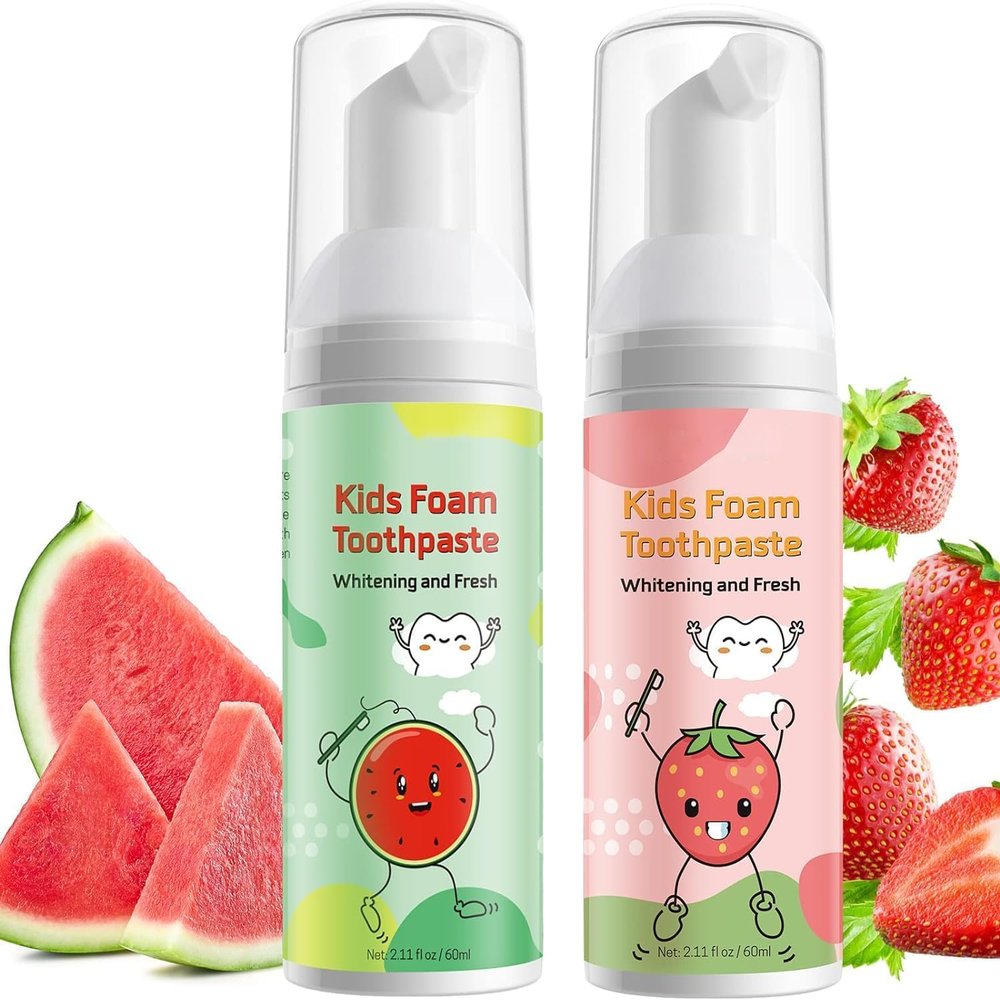 Foam Toothpaste Kids 2 Pack, Toddler Foam Toothpaste with Fluoride Kids Foaming Toothpaste with Fruit Flavor Ultra-fine Mousse Foam Toothpastes Anti-Cavity for Kids Ages 3+ Strawberry & Watermelon