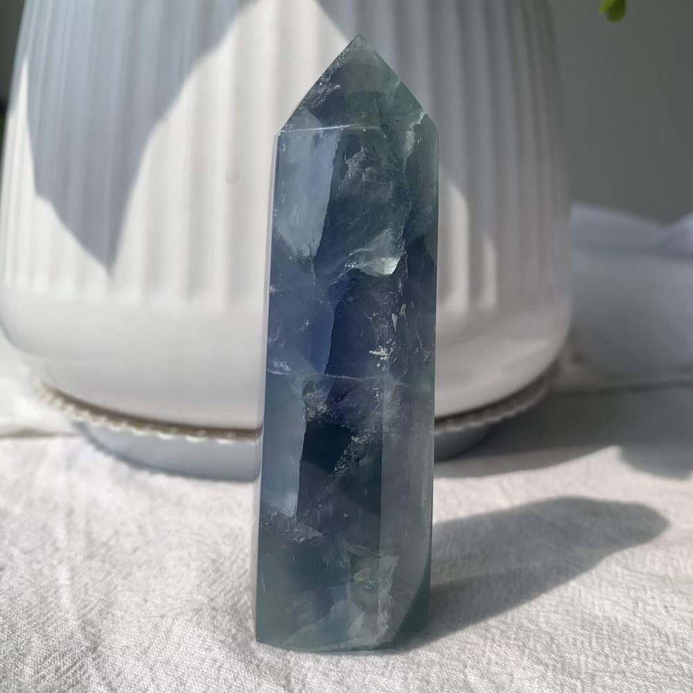 152g Natural Blue Fluorite Crystal Point Polished Hexagonal Obelisk Wand for Meditation, Chakra Healing, Home Decor, and Crystal Collection
