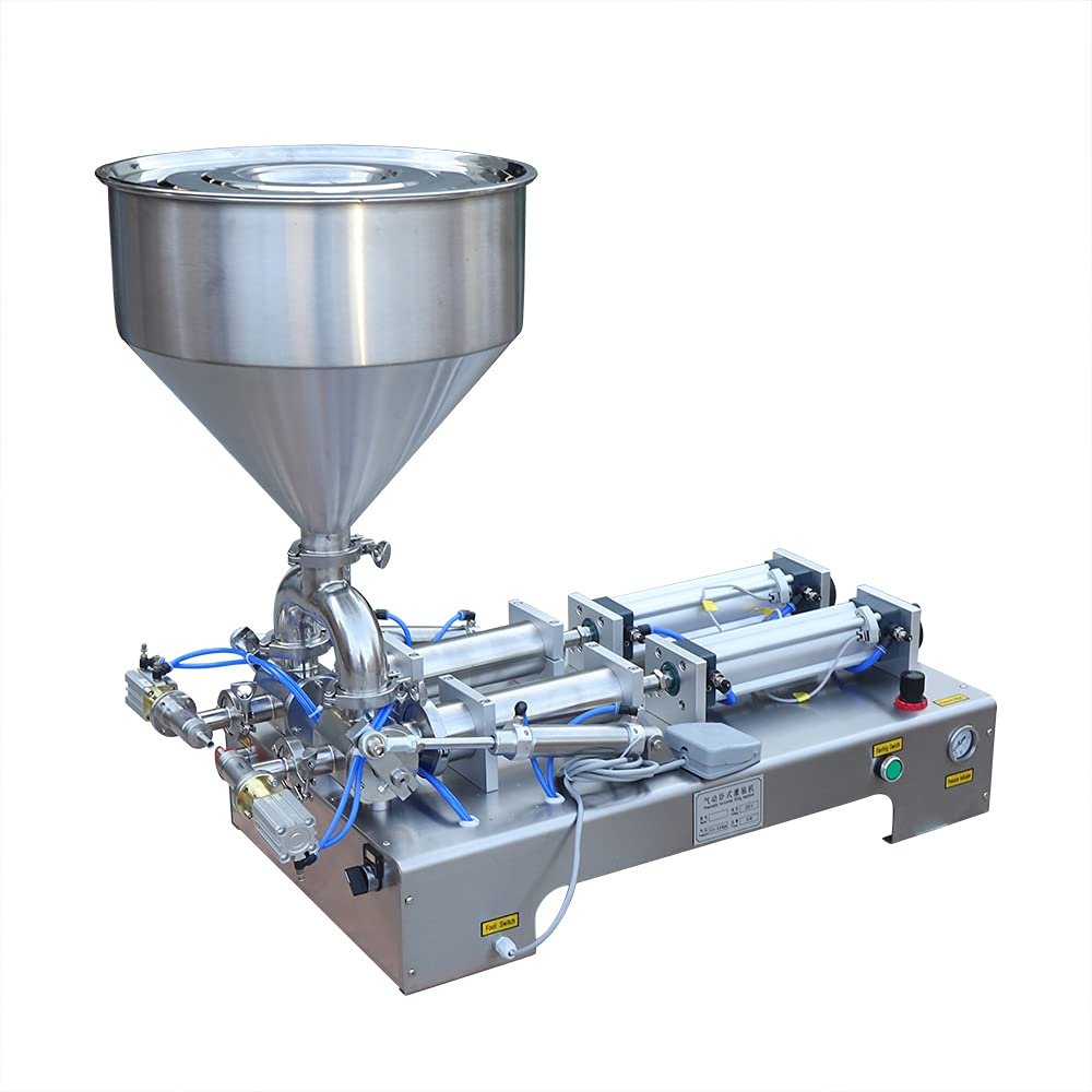 800W Pneumatic Paste Liquid Filling Machine, 50-500ml/1.69-16.9oz, Double Head Bottle Filling Machine Piston Filler with 40L Hopper for Kinds of Liquids and Pastes, 1-30 Cans/min