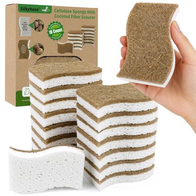 18 Pack Natural Kitchen Sponges, Biodegradable & Compostable | Non-Scratch Cellulose Coconut Fiber Sponges for Dishes, Pots & Pans | Eco-Friendly Cleaning Sponge (18)
