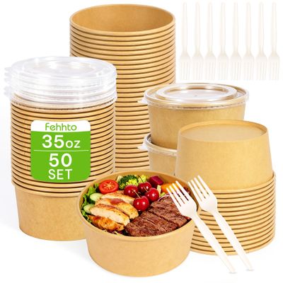 FEHHTO 50-Pack 35oz Disposable Meal Prep Containers with Lids and Forks, Compostable Kraft Paper Bowls To Go, Microwave & Freezer Safe Round Food Containers for Hot Soup, Cold Dessert, Lunch, Takeout