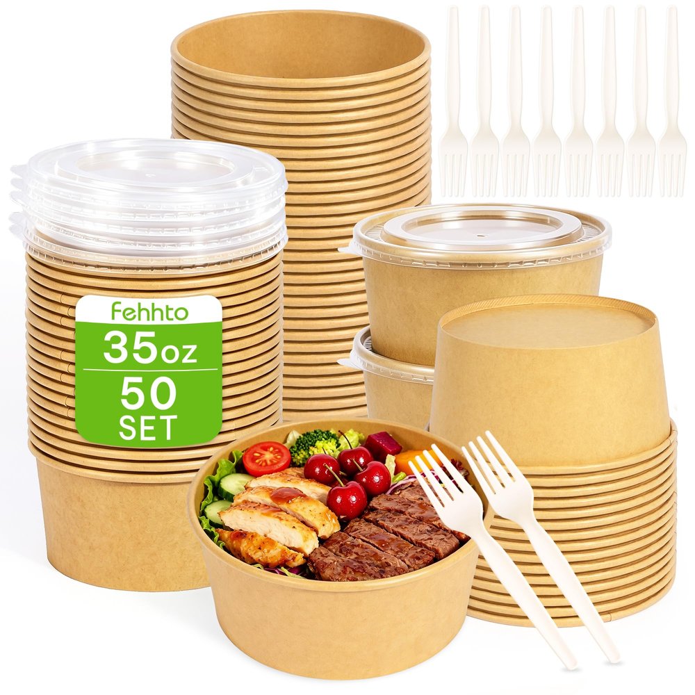 FEHHTO 50-Pack 35oz Disposable Meal Prep Containers with Lids and Forks, Compostable Kraft Paper Bowls To Go, Microwave & Freezer Safe Round Food Containers for Hot Soup, Cold Dessert, Lunch, Takeout