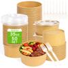 FEHHTO 50-Pack 35oz Disposable Meal Prep Containers with Lids and Forks, Compostable Kraft Paper Bowls To Go, Microwave & Freezer Safe Round Food Containers for Hot Soup, Cold Dessert, Lunch, Takeout view 1