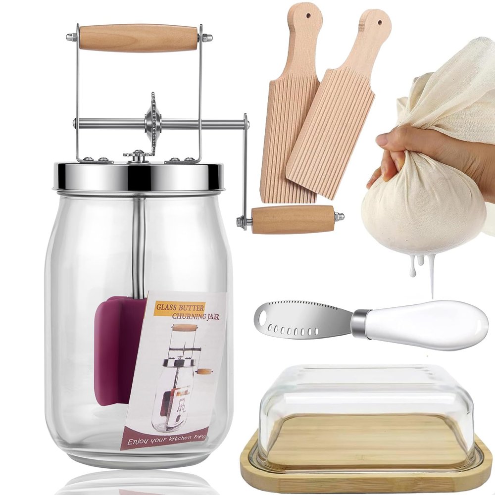 Retro Manual Butter Churn Kit - Wooden Hand-Crank Butter Maker with Glass Jar, Perfect for Fresh Cream, Keto Butter & Sustainable Homesteading (Farmhouse Must-Have) (51 OZ)