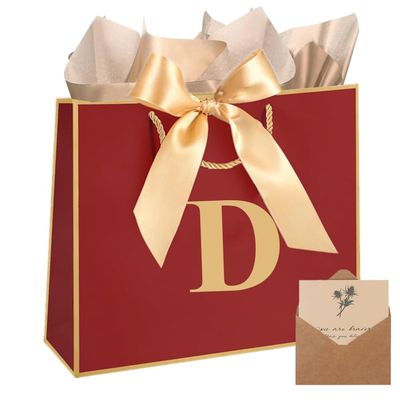 Topaliving Personalized Gift Bag with Card and Tissue Paper, 26 Letters Birthday Gift Bag 13'' Custom Valentines Weddings Present with Initials/Numbers for Women Men Kids (Red,D)