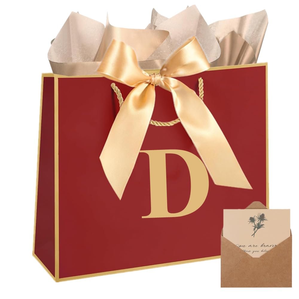 Topaliving Personalized Gift Bag with Card and Tissue Paper, 26 Letters Birthday Gift Bag 13'' Custom Valentines Weddings Present with Initials/Numbers for Women Men Kids (Red,D)