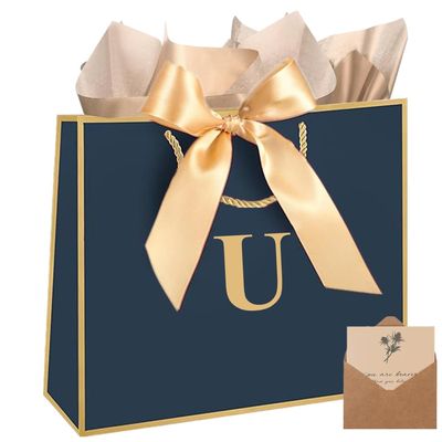 Topaliving Personalized Gift Bag with Card and Tissue Paper, 26 Letters Birthday Gift Bag 13''Custom Valentines Weddings Present with Initials/Numbers for Women Men Kids (Blue,U)