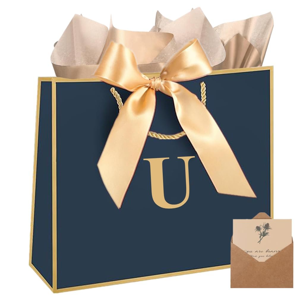 Topaliving Personalized Gift Bag with Card and Tissue Paper, 26 Letters Birthday Gift Bag 13''Custom Valentines Weddings Present with Initials/Numbers for Women Men Kids (Blue,U)