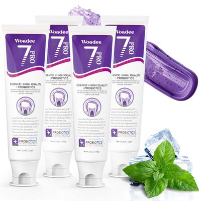 7-Pro Whitening Toothpaste with 7 Probiotics, Advanced Stain Removal Formula for Gum Health, Purple Burst Beads for Fresh Breath, Fluoride-Free & Enamel Safe (4 PCS)