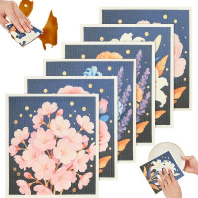 6 Pack Swedish Dishclothes for Kitchen, Reusable Cleaning Cloth Kitchen Cloth for Washing Dishes, Vintage Floral Washable Absorbent Sponge Alternative for Party Home Housewarming Cleaning (Style 4)