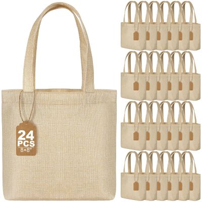 Aliceset 24 Pcs Mini Burlap Tote Bags,8 x 8 x 3.2 Inch,Beige