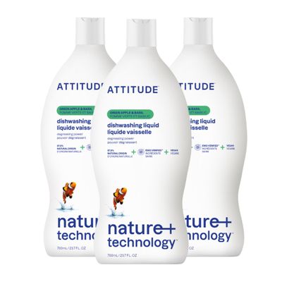 ATTITUDE Dish Soap, EWG Verified, Plant-Based & Vegan Dishwashing Liquid, Naturally Derived, Green Apple and Basil, 23.7 Fl Oz (Pack of 3)
